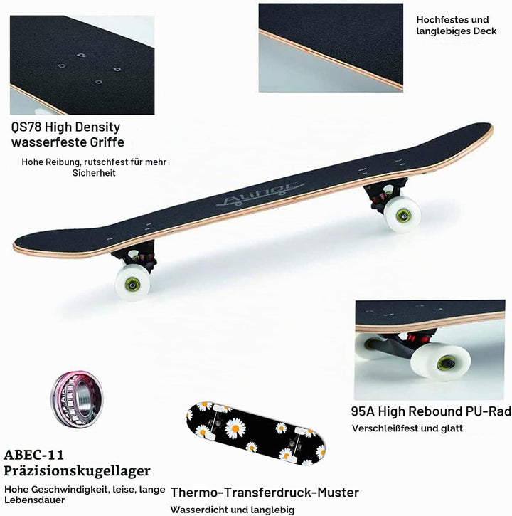 31-Zoll-Standard-Skateboard, 7 Lagen Ahorn-Board-Oberfläche, geeignet für Kinder, Jugendliche, Erwac