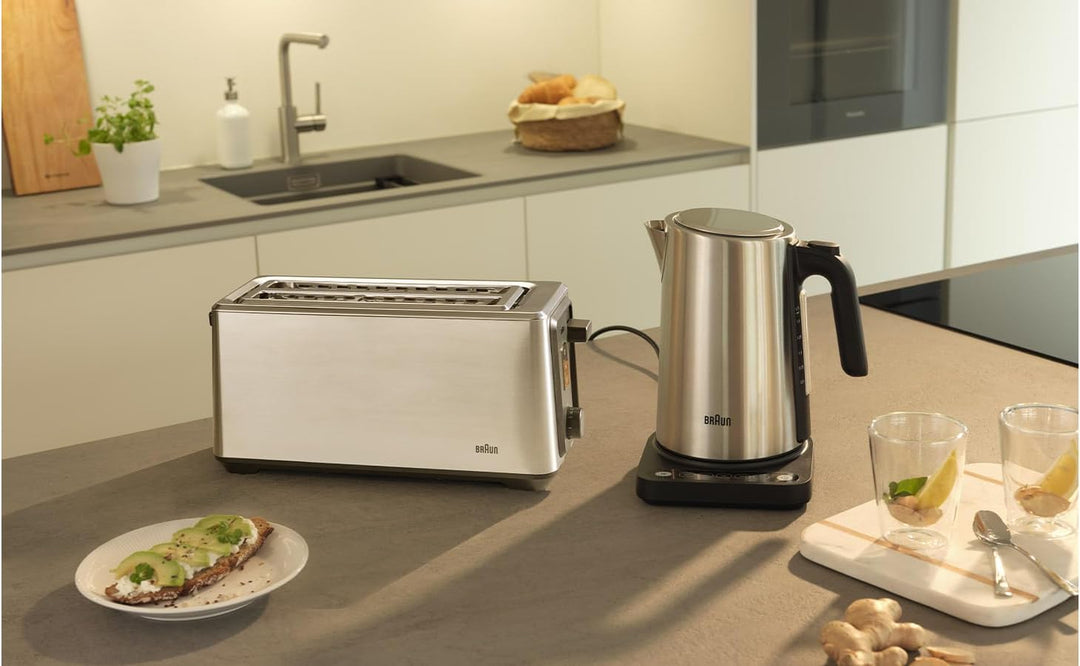 Braun Langschlitz-Toaster – 2 extralange Schlitze, 8 Bräunungsstufen, Auto-Zentrierung, Reheat+ & De