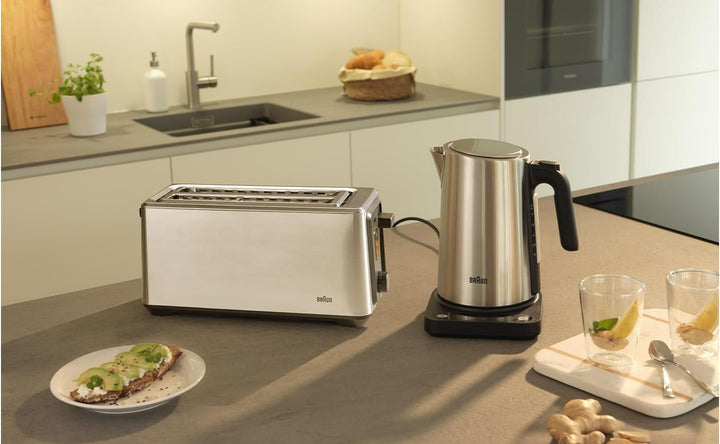 Braun Langschlitz-Toaster – 2 extralange Schlitze, 8 Bräunungsstufen, Auto-Zentrierung, Reheat+ & De