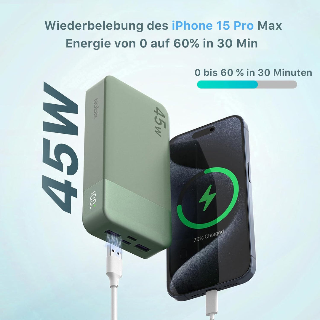 NOBIS Power Bank, Powerbank 20000mAh, 45W Externe Handyakkus Schnellladen, Externer Akku mit C zu C