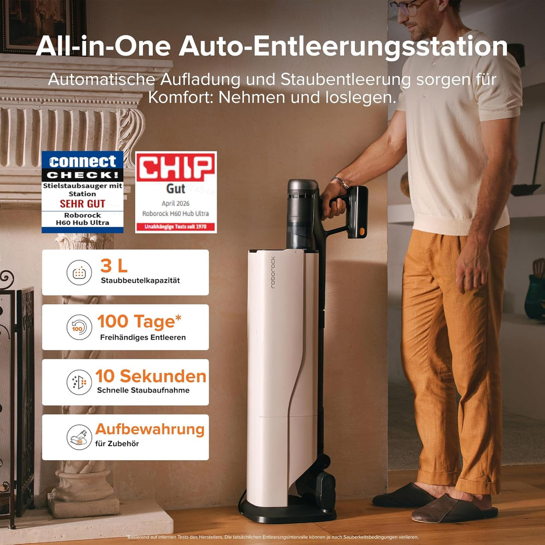 roborock H60 Hub Ultra Akku Staubsauger mit Auto-Entleerungsstation, 210AW Saugleistung für Teppiche