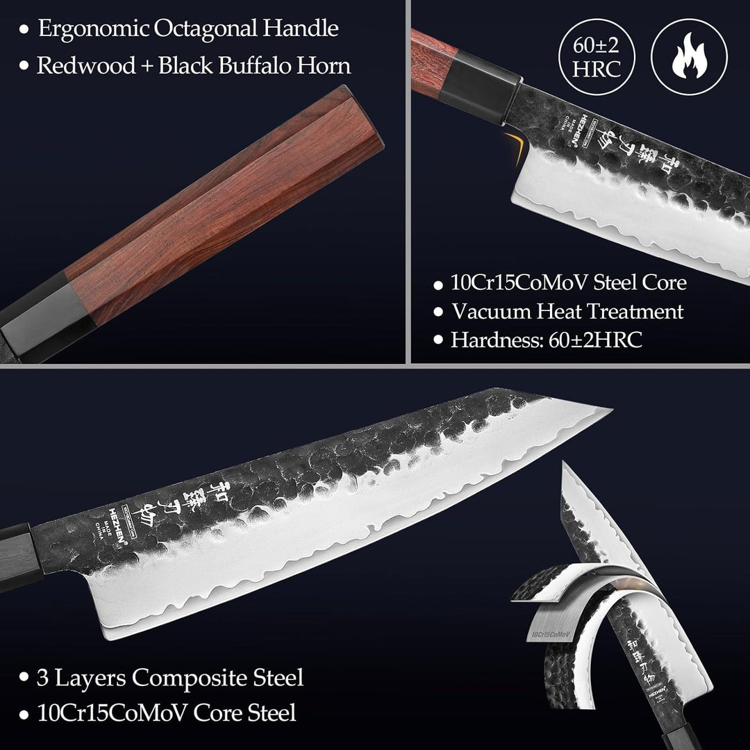 HEZHEN- 21,5CM Kiritsuke Messer,3 Schichten Verbundschmiedestahl Kochmesser,Professionelles japanisc