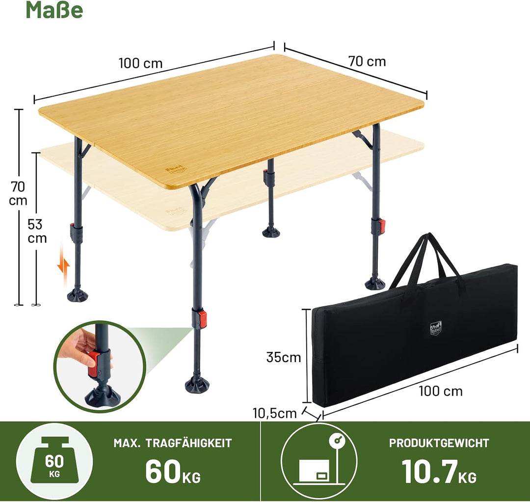 TIMBER RIDGE Campingtisch Klappbar Bambus Klapptisch Höhenverstellbar