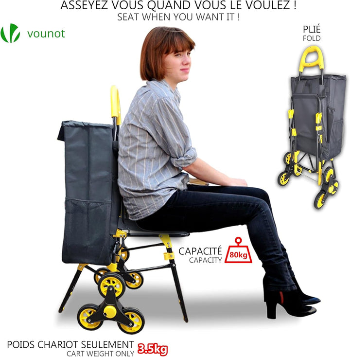 VOUNOT Einkaufstrolley Treppensteiger mit Kühlfach und Klappsitz, Einkaufswagen Klappbar mit 3 Räder