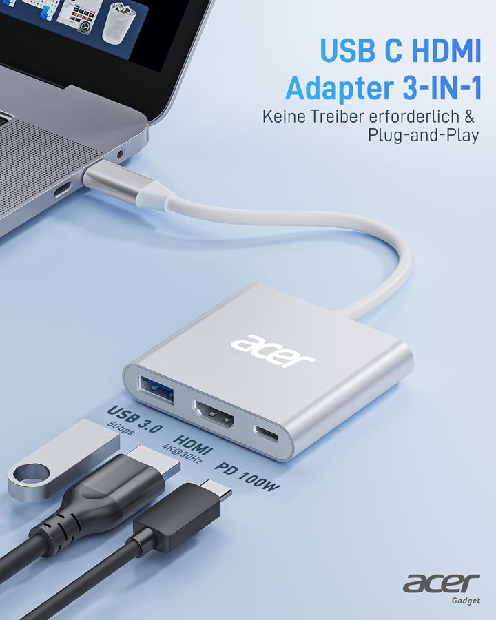 Acer USB-C HDMI Multiport Adapter - 4K, 100W PD, USB 3.0 5Gbps Datenport - Kompatibel Mit MacBook Pr