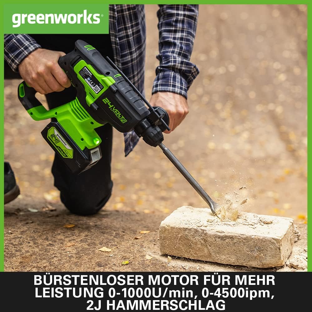 Greenworks GD24SDS2 Akku Bohrhammer SDS mit bürstenlosem Motor, 0-1000 U/min, 0-4500ipm, 2 Joule Sch