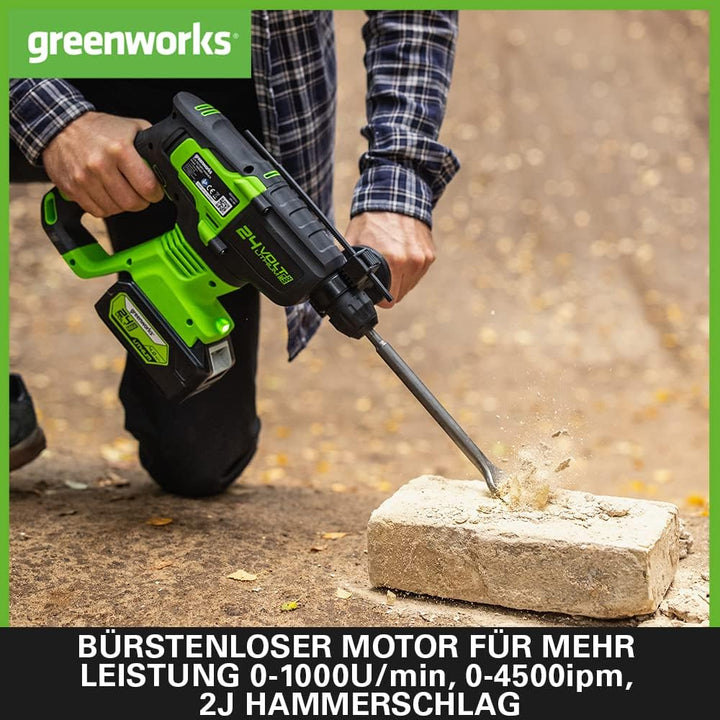 Greenworks GD24SDS2 Akku Bohrhammer SDS mit bürstenlosem Motor, 0-1000 U/min, 0-4500ipm, 2 Joule Sch