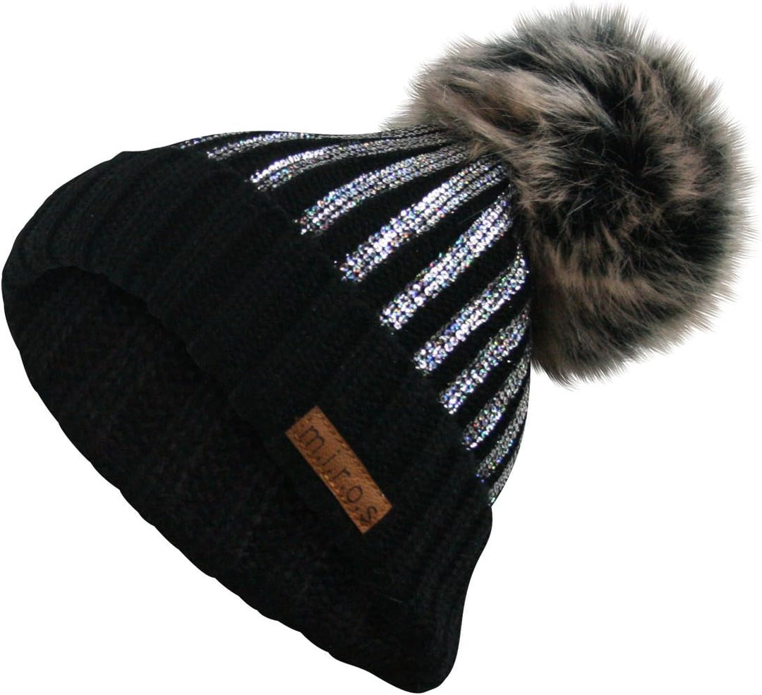 m.i.r.o.s Odette Damen Wintermütze Schwarz mit silbernem Pailletten Print | handgemacht