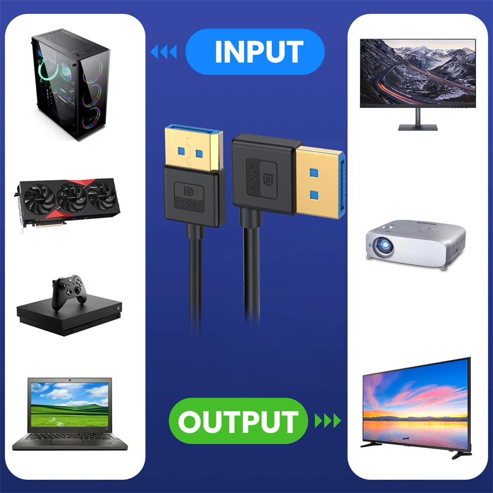 xiwai Ultrafeines DisplayPort 1.4-Kabel, rechtwinklig, 8K 4K, 100 cm, DP auf DP, bidirektional [UHD,