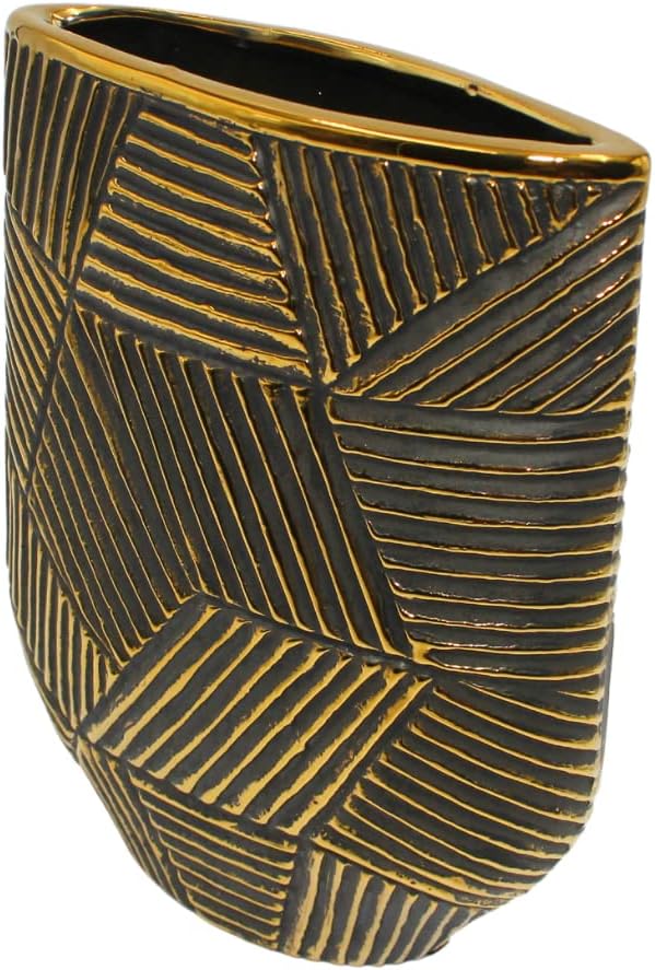 Edle hochwertige schmale Keramik Vase in Gold-schwarz, oval. gestreift, Grösse: H/B/Ø ca. 27 x 22 x