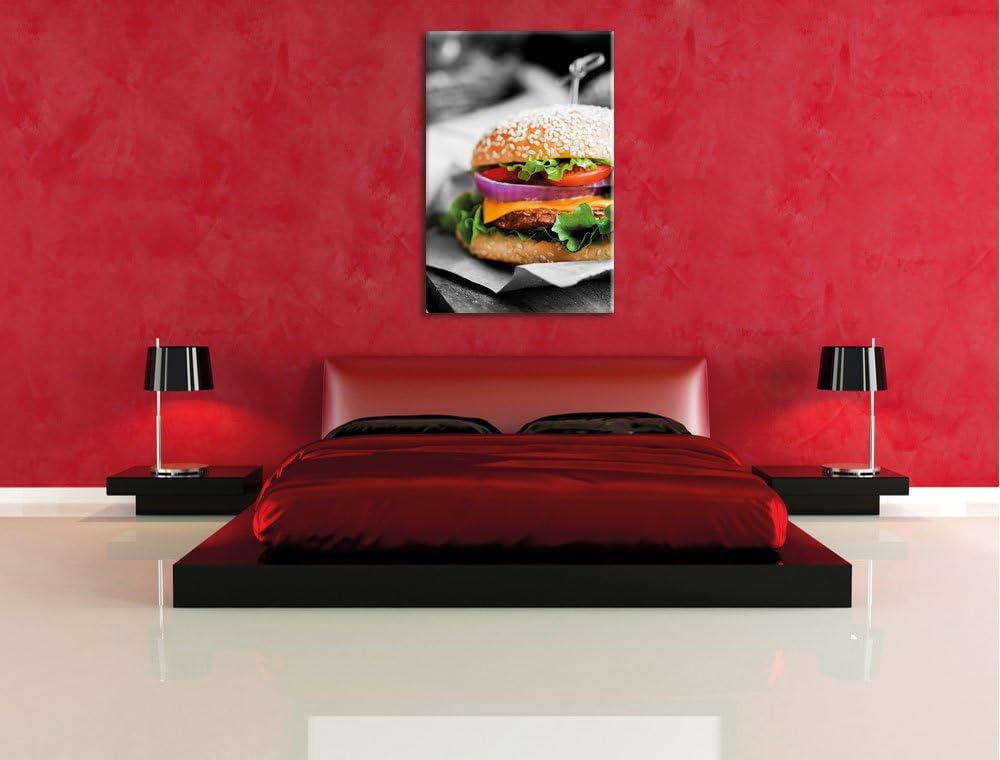 Pixxprint Perfekter Burger mit Pommes / 100x70cm Leinwandbild bespannt auf Holzrahmen/Wandbild Kunst