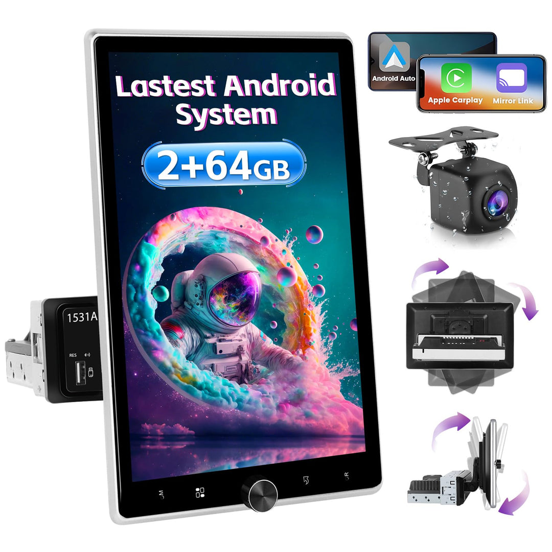Android 15 Autoradio 1 Din CarPlay mit Bildschirm (2 + 64G) 10,4 Zoll drehbarer Touchscreen Stereo A