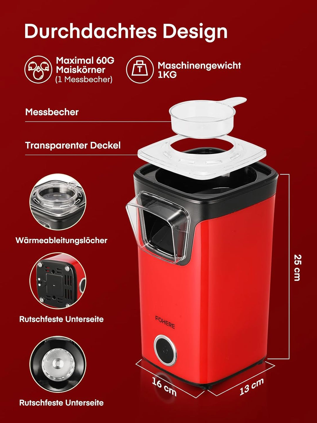 FOHERE Heissluft Popcornmaschine, 1100W Popcorn Maker Maschine, Mit Messbecher, Transparente Abdecku