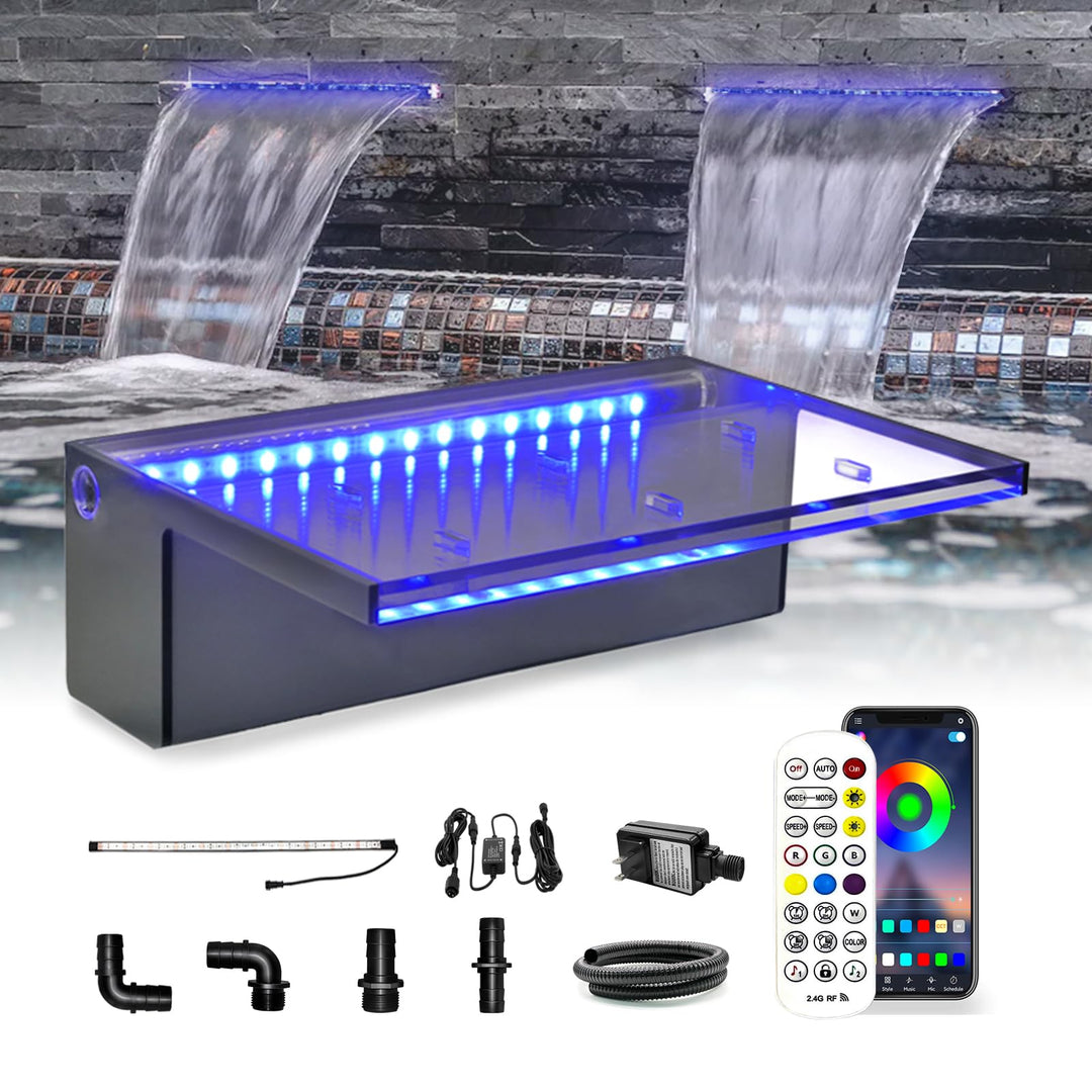 Longrun Wasserfall Überlauf APP Kontrolle Mehrfarbig LED-Licht Draussen Pool Brunnen, Acryl Wasser Ü