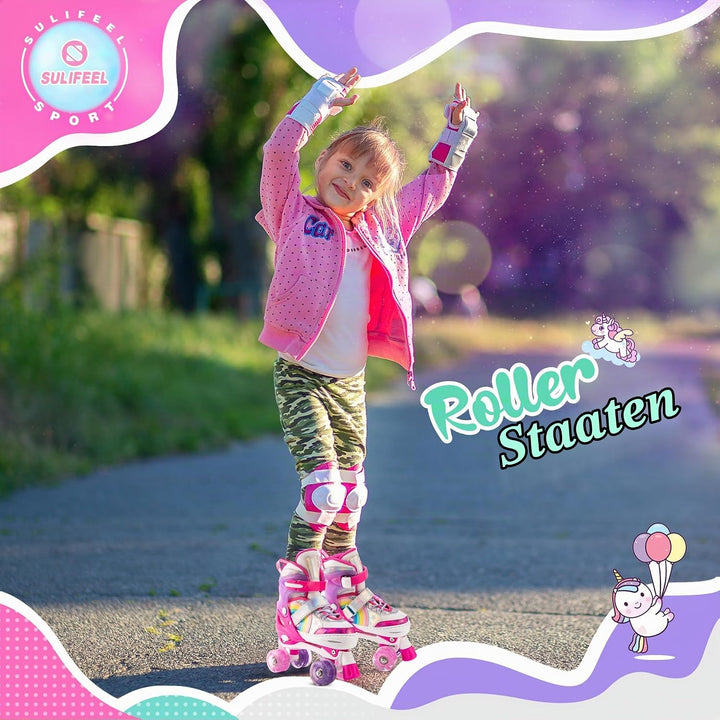 SULIFEEL Rainbow Unicorn Verstellbare Rollschuhe für Kinder mit Leuchtenden Rädern für Mädchen und J