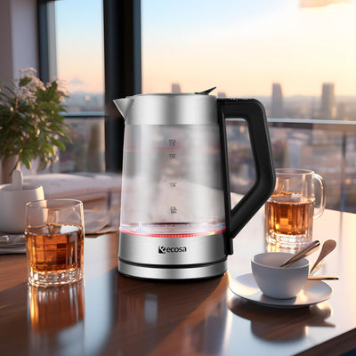 Glas Wasserkocher 1,7 Liter | 2200 Watt | Edelstahl mit Temperaturwahl | Teekocher | 100% BPA FREI |