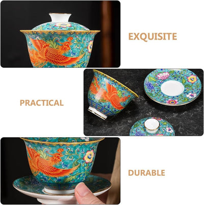 Emaille-Teetasse, Kung-Fu-Teetasse, traditionelles chinesisches Gaiwan-Porzellan, mit Deckel und Unt