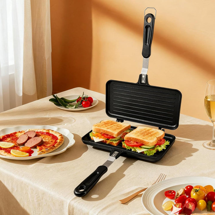 4 Stücke Doppelseitige Bratpfanne,Sandwich Maker mit 1 Küchenzange aus Edelstahl und 2 Silikonpinsel