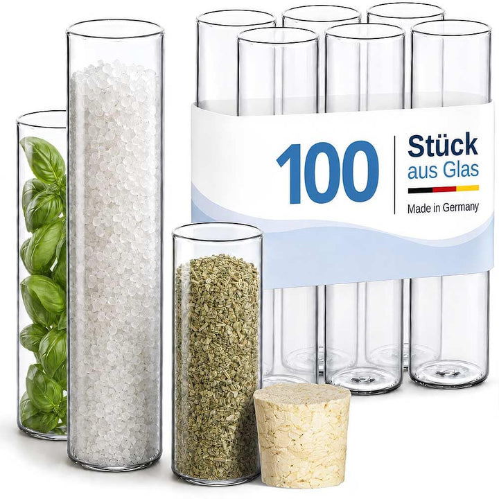 Tuuters 100 Stück Glas Reagenzgläser mit Korken (100 x Ø 30mm) Flachboden | 40ml Reagenzglas mit Nat