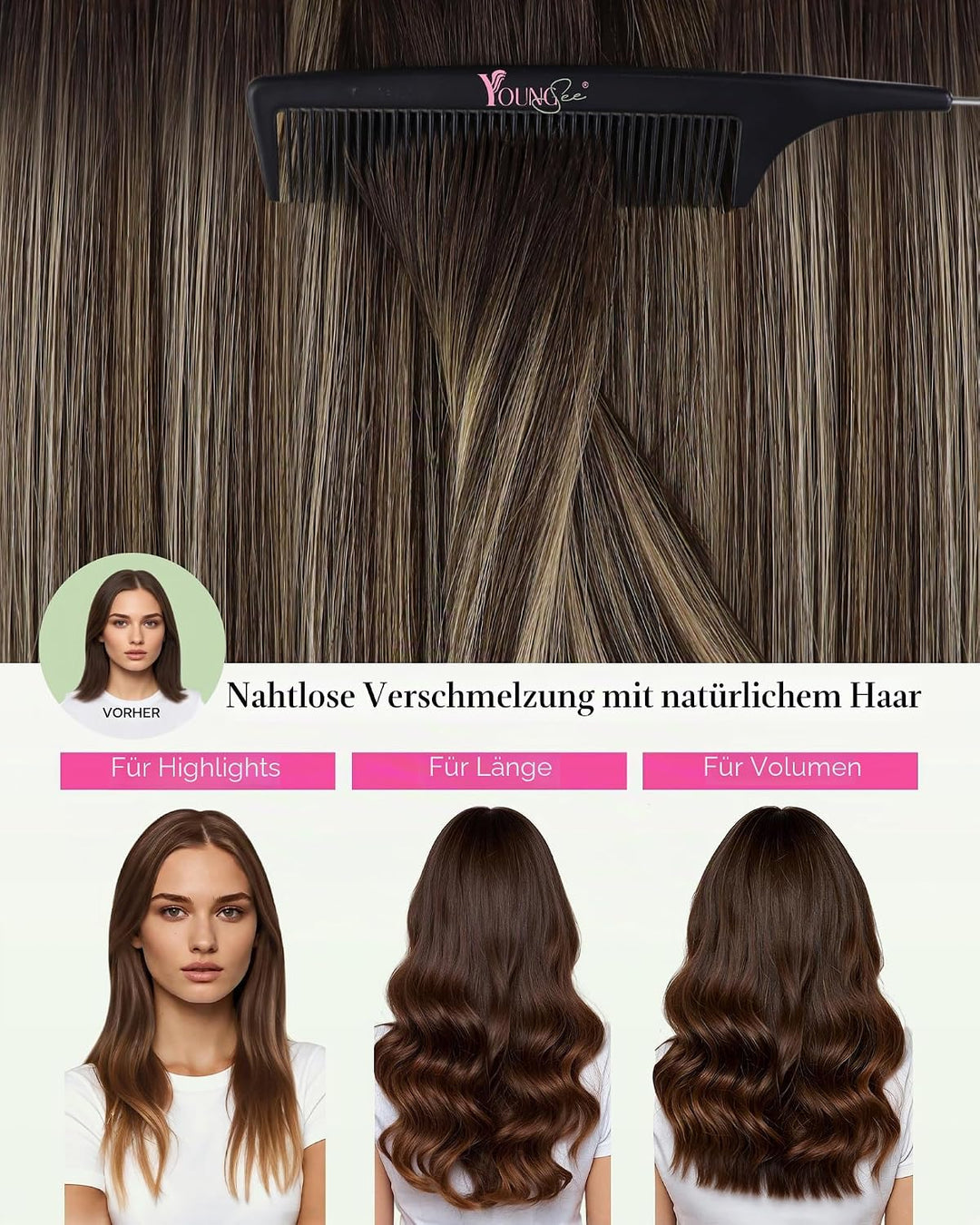 YoungSee Tape in Extensions Echthaar Ombre Echthaar Extensions Tape 50cm Dunkelbraun Balayage Blond