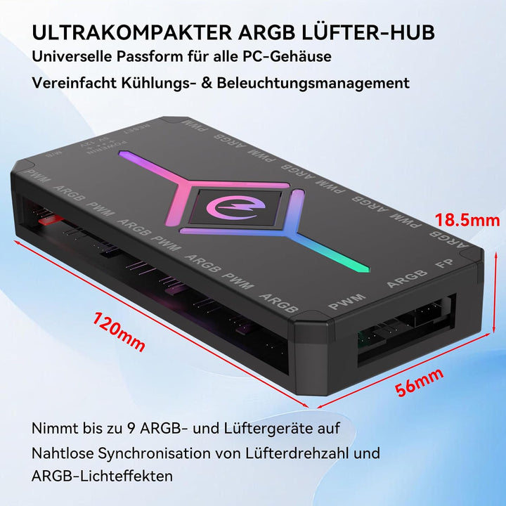H8 ARGB Hub, 9-Port PWM-Lüftersteuerung, 5V 3-Pin ARGB, Schwarz