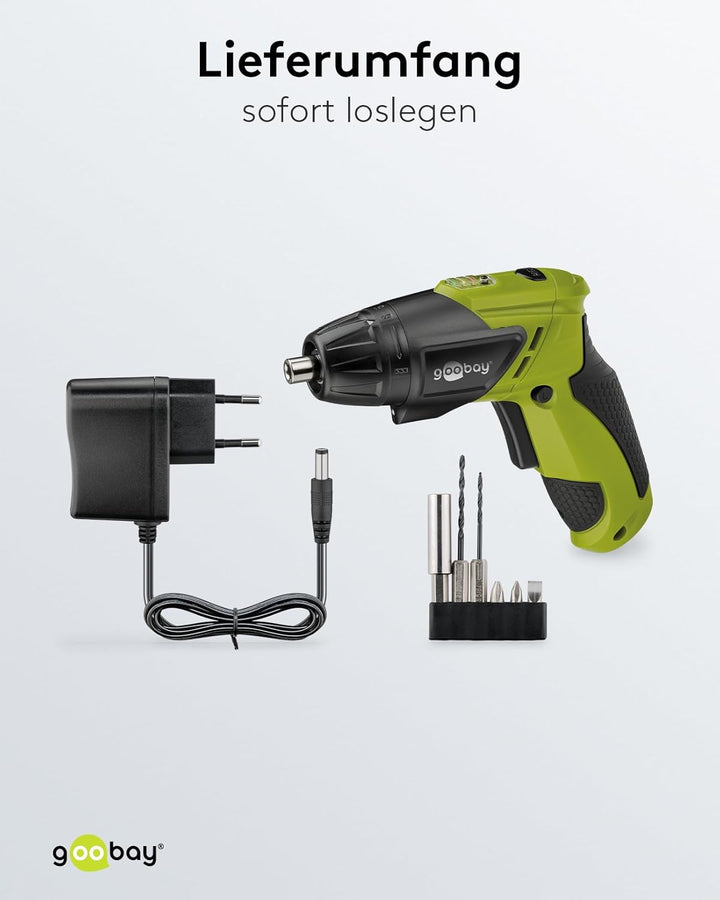 Goobay 71880 Akkuschrauber kompakter Knickschrauber mit Li-Ion Akku inklusive Bitsatz und Ladegerät,