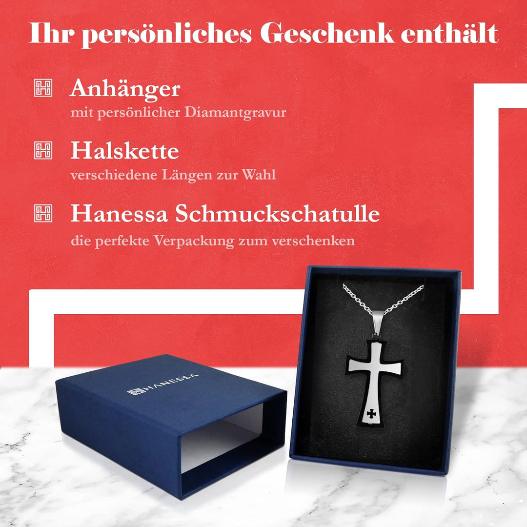 Hanessa Personalisierte Kette mit Gravur Edelstahl 45-60 cm mit Anhänger Kreuz in silber und schwarz