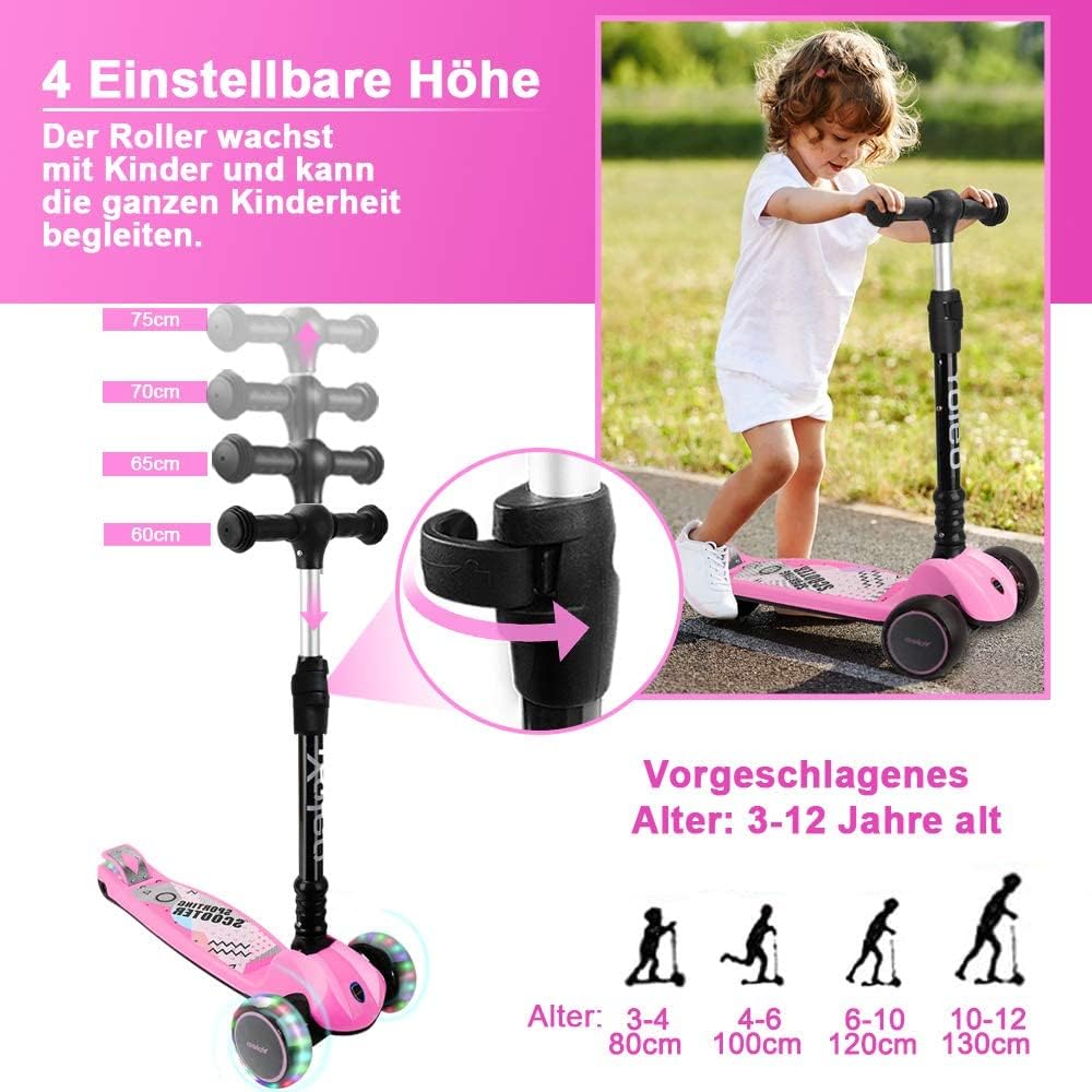 YOLEO Kinderoller Kinderscooter Dreiradscooter mit LED Räder, 2-Rädern Hinterbremsen,4 Höhenverstell