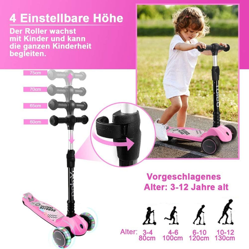 YOLEO Kinderoller Kinderscooter Dreiradscooter mit LED Räder, 2-Rädern Hinterbremsen,4 Höhenverstell