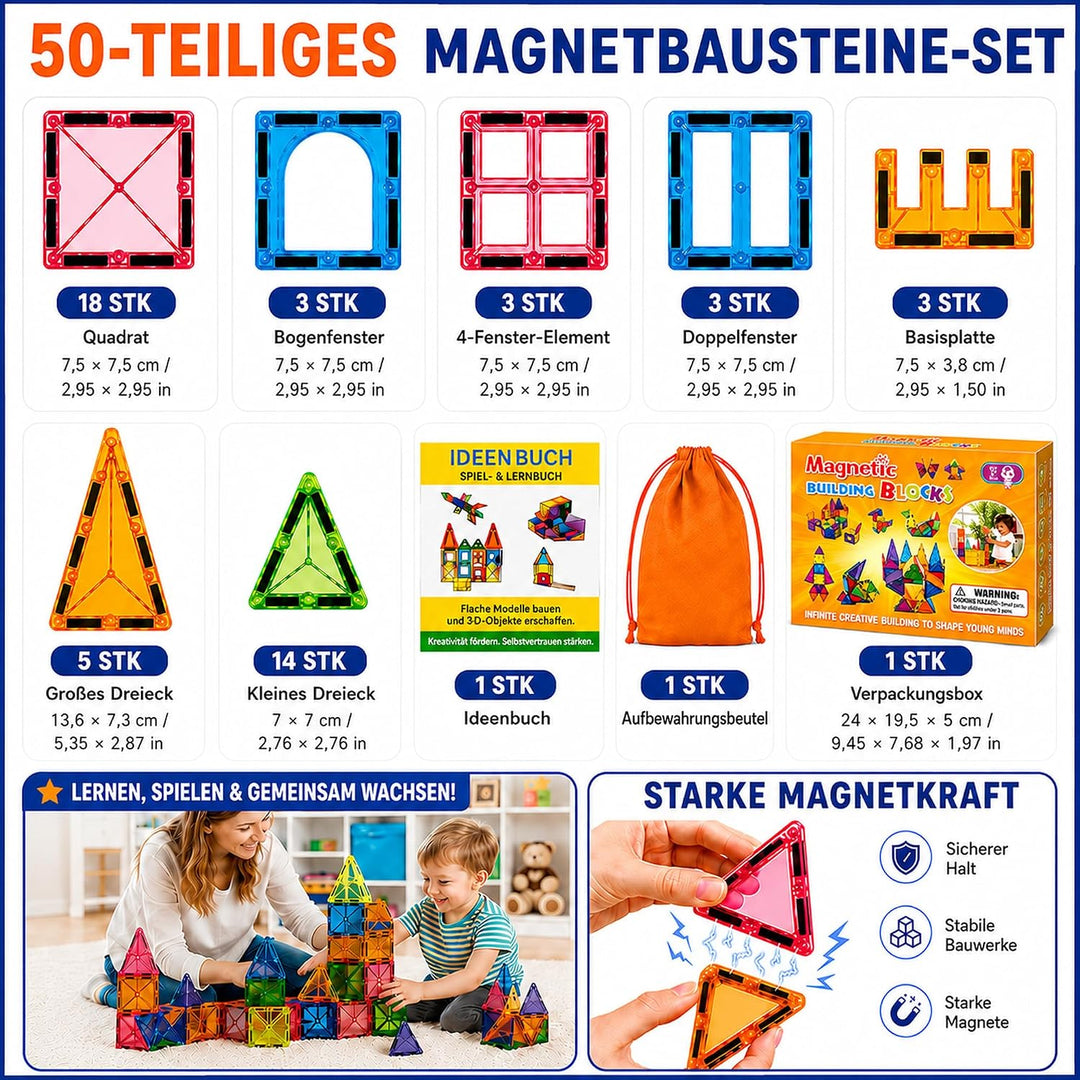 Magnetische Bausteine 50 Stück, Magnetspielzeug Kinder ab 3 4 5 Jahre, Montessori Konstruktionsspiel