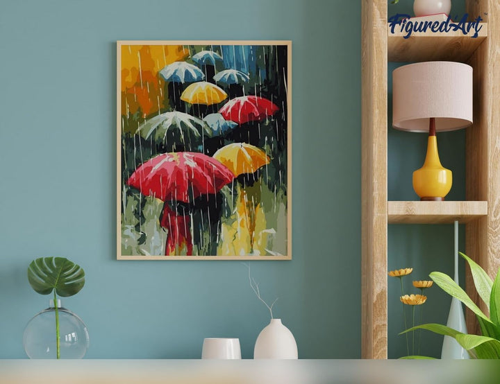 Figured'Art Malen Nach Zahlen Erwachsene Mit Rahmen Menschen mit Regenschirme - Paint by Numbers Bas