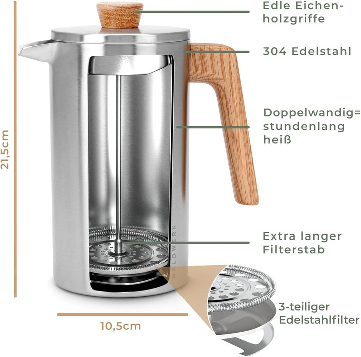 WALDWERK French Press (1L) - Kaffeebereiter aus doppelwandigem Edelstahl mit Holzgriff aus Eichenh