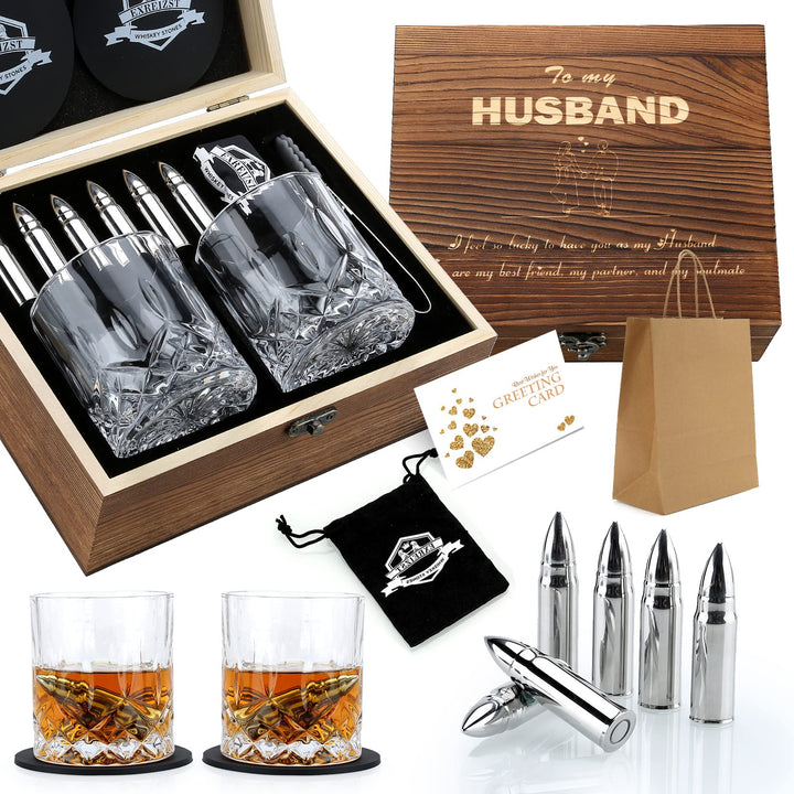 Whisky Gläser Set Ehemann- Whiskey Zubehör Set - 6 Whisky Steine - 2 Gläser, Zange & 2 Untersetzer 1