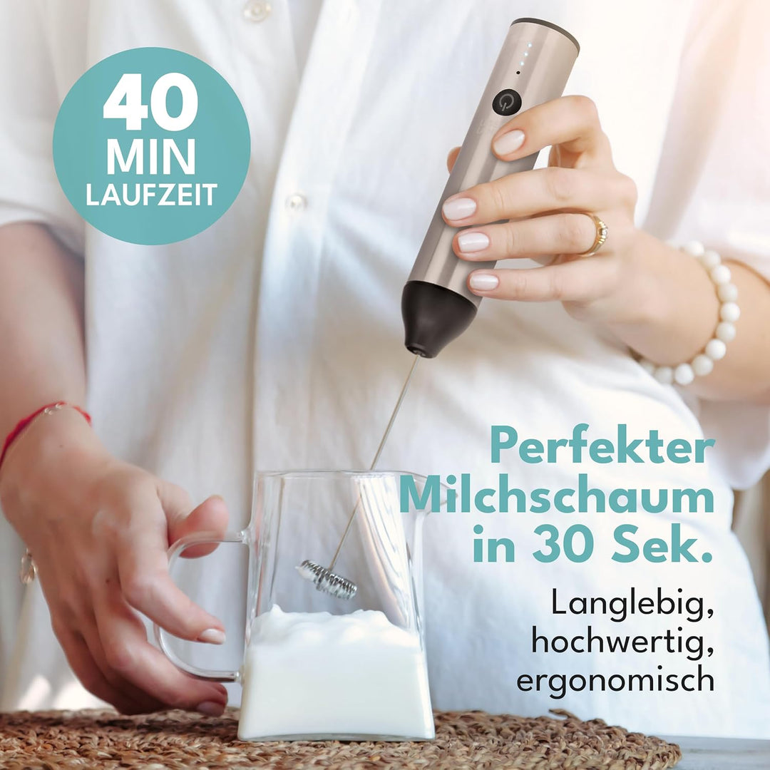 LEBENLANG Milchaufschäumer Stab elektrisch wiederaufladbar - USB Anschluss & Inkl. Extra Rührbesen I