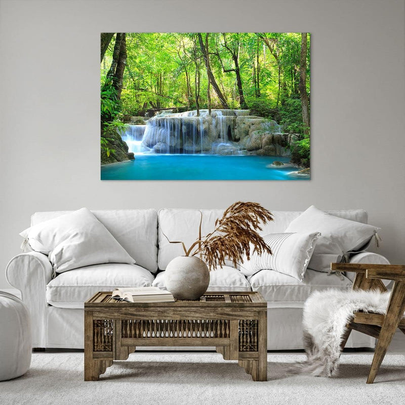 ARTTOR Bilder auf Leinwand 100x70cm Leinwandbild Wasserfall Wald Umwelt Gross Wanddeko Bild Schlafzi