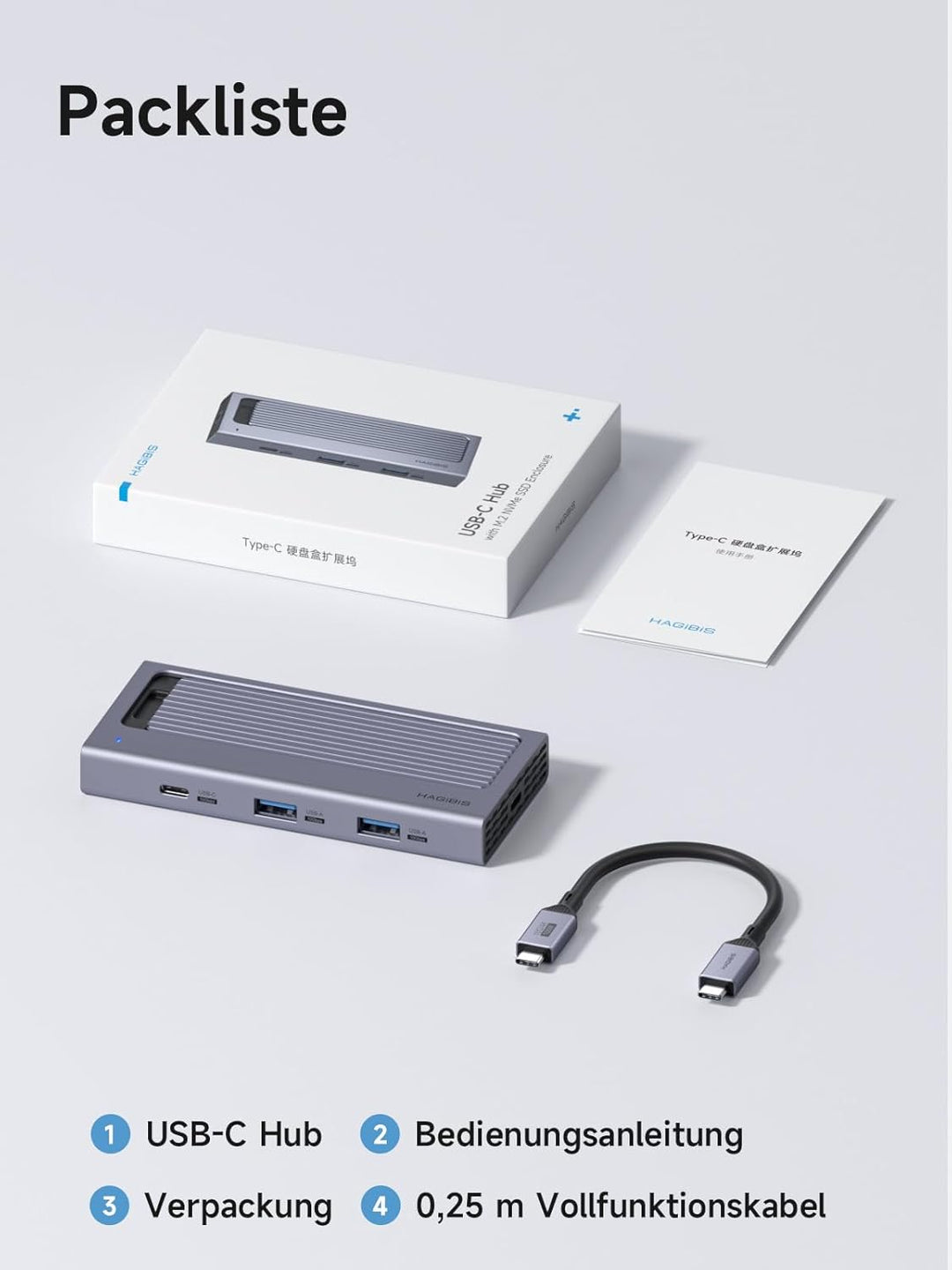 Hagibis USB-C-Hub mit M.2-SSD-Gehäuse, magnetische Abdeckung, einfache Demontage, externes Festplatt