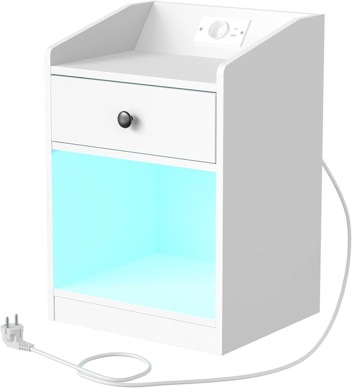 HOOBRO Nachttisch mit Ladestation und LED-Beleuchtung, schmaler Beistelltisch mit Schublade, moderne