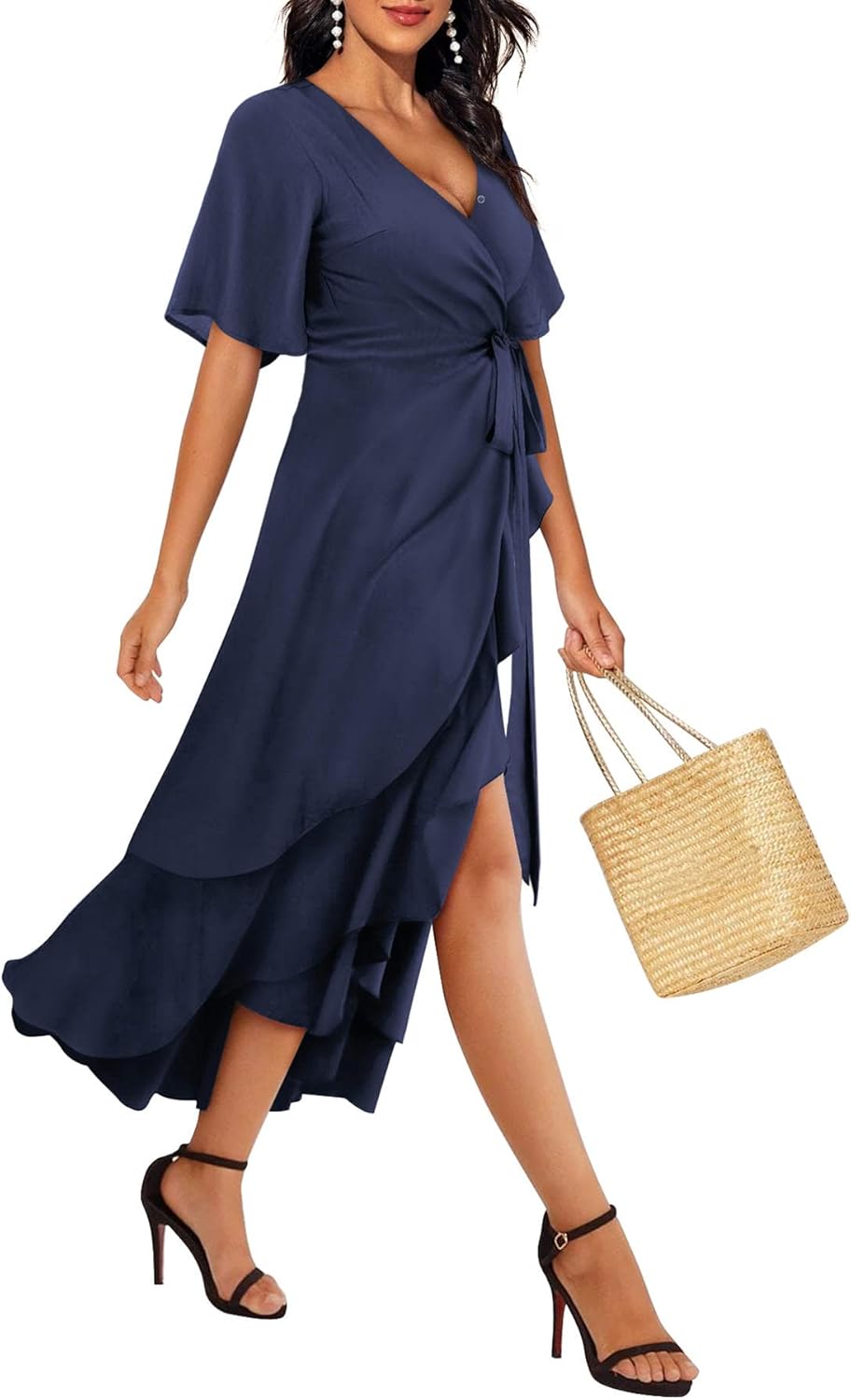 Beluring Damen Wickelkleid Elegante V Ausschnitt Langarm/Kurzarm Lange Kleid XXL Stil B:navy Blau, X