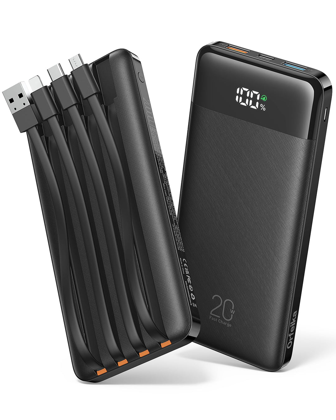 Orfeika 20000mAh Powerbank mit 4 Integrierten Kabeln, 20W PD-Schnellladung Power Bank, Externer Akku