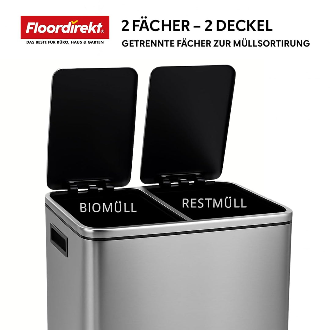 Floordirekt Mülleimer Küche 2×30L Edelstahl | 2-Fach Mülltrennsystem, Treteimer Küche, Metall, Soft-
