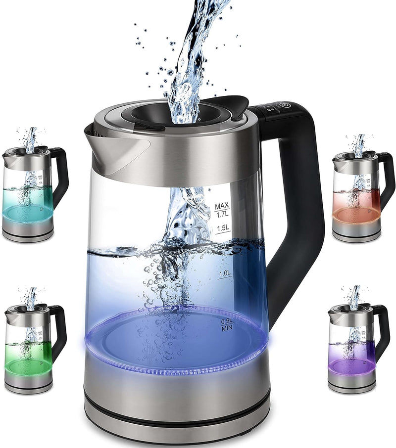 Glas Wasserkocher 1,7 Liter | 2200 Watt | Edelstahl mit Temperaturwahl | Teekocher | 100% BPA FREI |