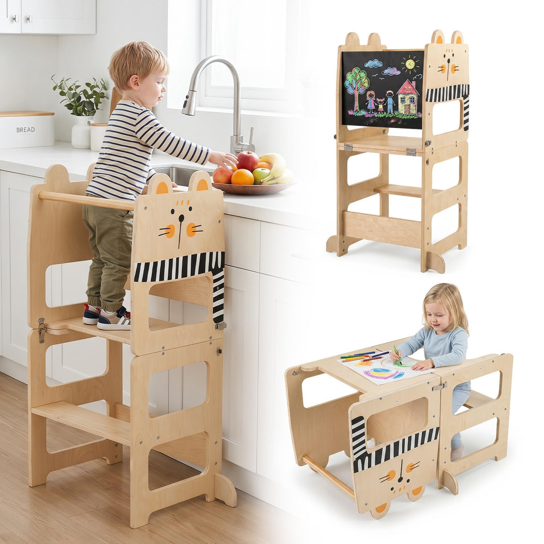 COSTWAY 3 in 1 Lernturm klappbar aus Holz, 50 kg belastbar, Natur | Tritthocker mit Tafel in Katzenf