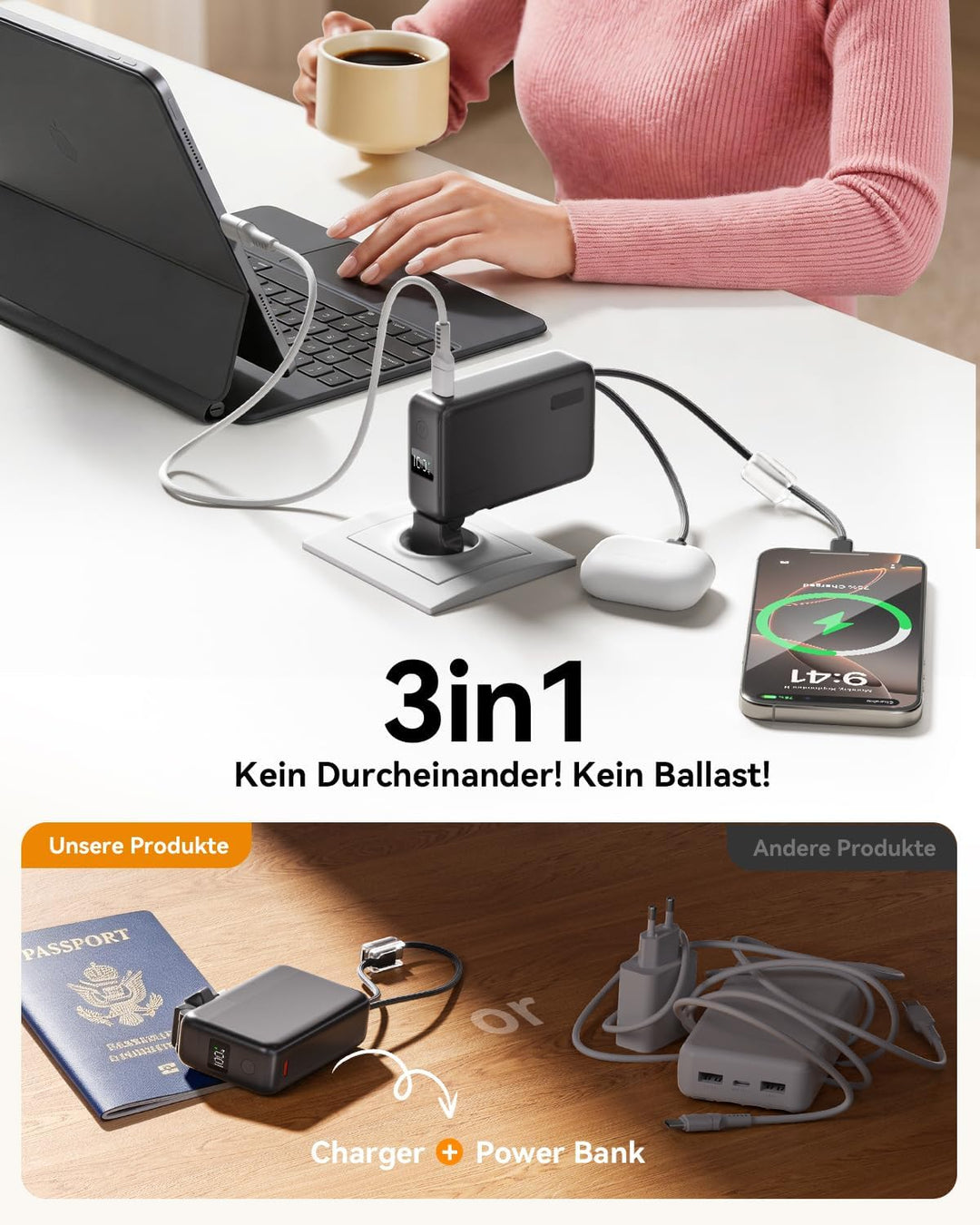 Power Bank 10000mAh, Powerbank für iPhone mit Integriertem Klappbaren EU-Stecker & Robuste USB-C & i