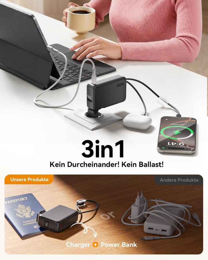 Power Bank 10000mAh, Powerbank für iPhone mit Integriertem Klappbaren EU-Stecker & Robuste USB-C & i