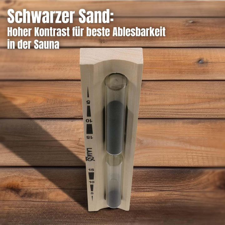 LaJa26 Sauna Sanduhr "Konkav" schwarzer Sand - FSC Espenholz - Drehgestell aus Holz zur Montage an d