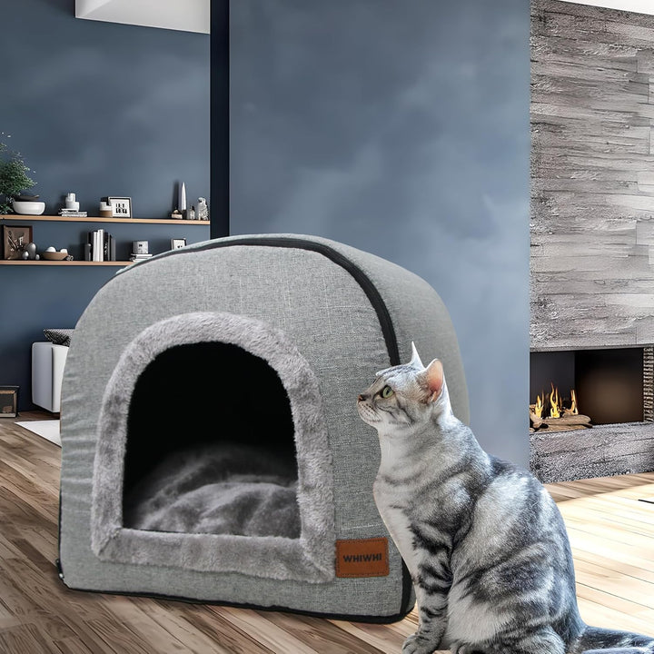 Katzenhöhle für Drinnen Katzen Höhlenbett mit Plüsch Katzenkissen Schlafhaus Haustierhaus Faltbares