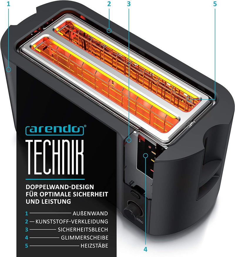 Arendo - Edelstahl Toaster Langschlitz 4 Scheiben - Defrost Funktion - wärmeisolierendes Gehäuse - m