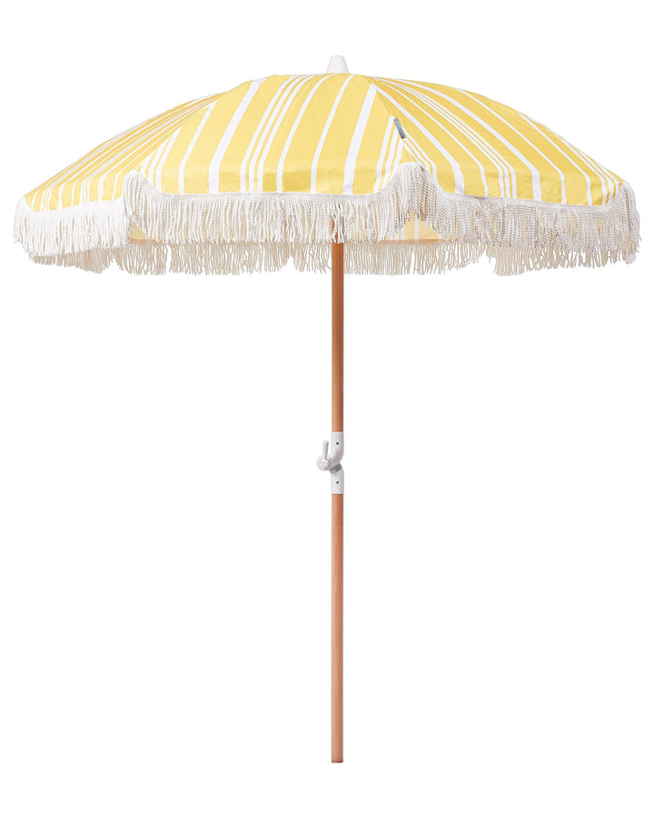 Sonnenschirm mit Volant Regenschutz Holzmast gelb rund ⌀ 150 cm Boho Mondello