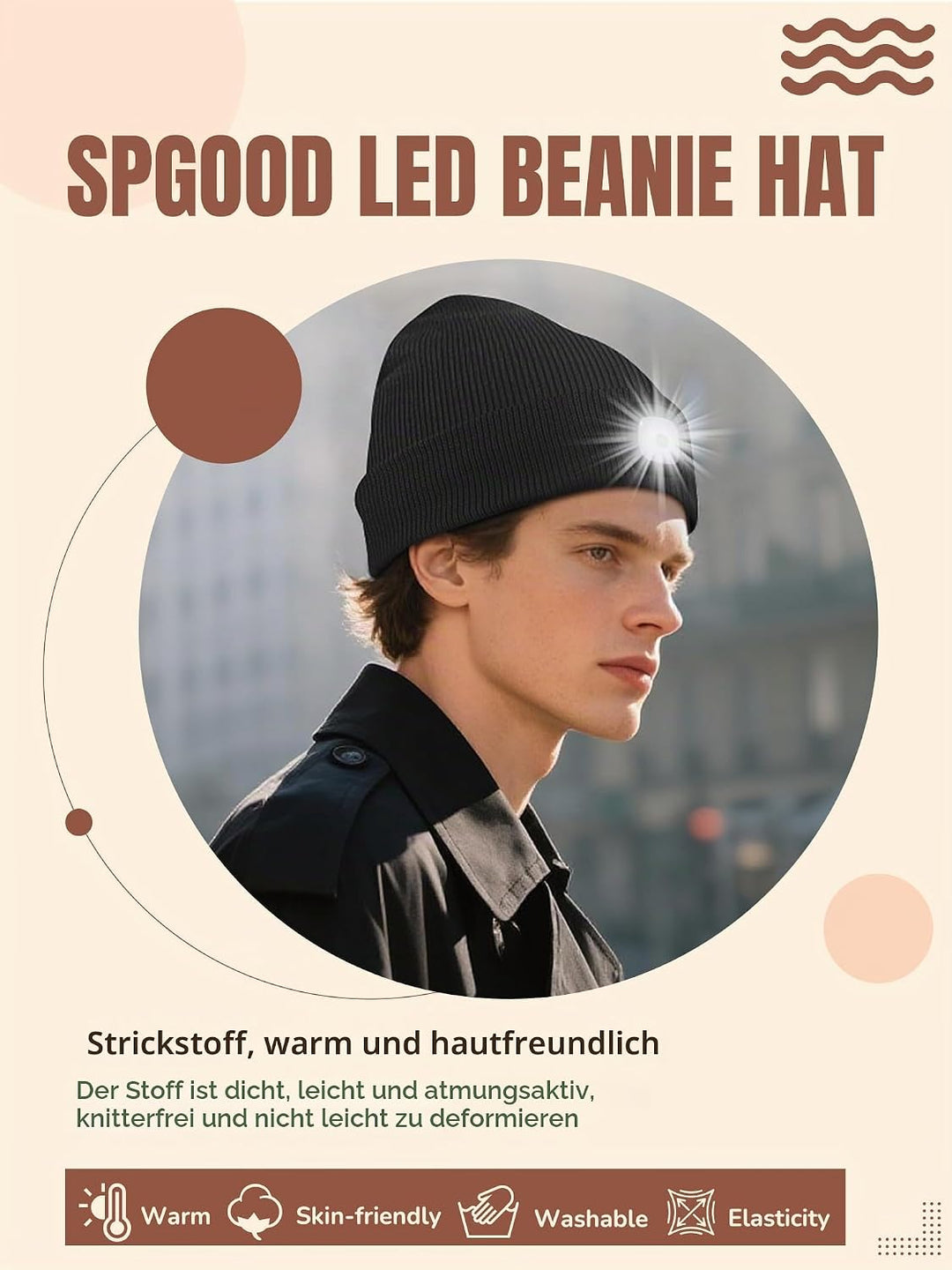 SPGOOD LED Beanie Beleuchtete Mütze mit Licht,Wiederaufladbare USB Winter Warm LED Mütze mit Licht,L