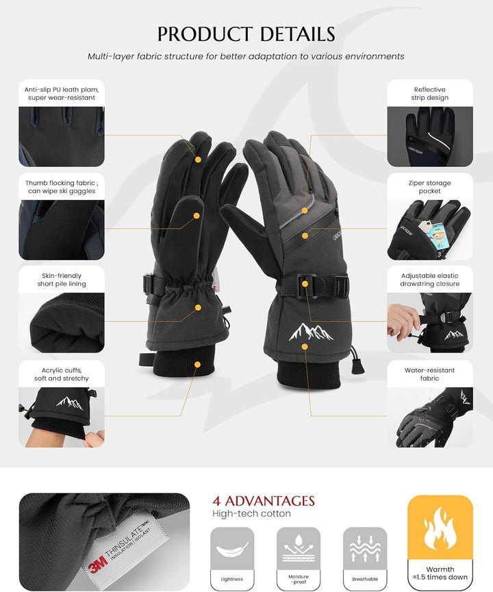 Skihandschuhe Männer Frauen Schnee Handschuhe Winddicht Winter Wasserdicht L Schwarz, L Schwarz